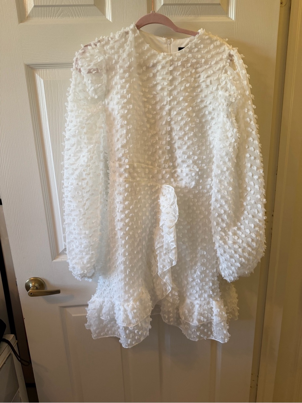 White Textured Mini Dress with Ruffle Hem